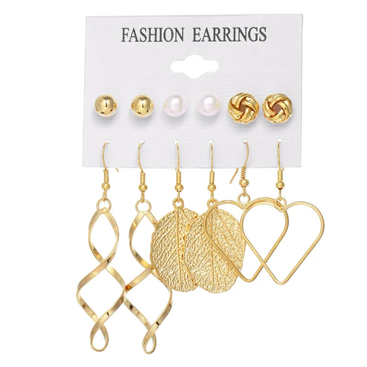 VKME Fashion Gold Alloy Hoop Earrings Set for Women Leaves Geometric Pearl Circle Drop Stud Stick Earrings Punk Jewelry Gift