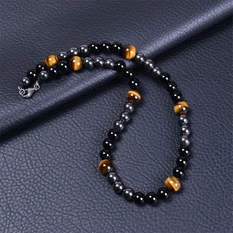 Wholesale Black Onyx Gemstone Healing Crystal Jewelry Natural Agate Blue Tigers Eye Bead Stone Wide Necklace for Men Women