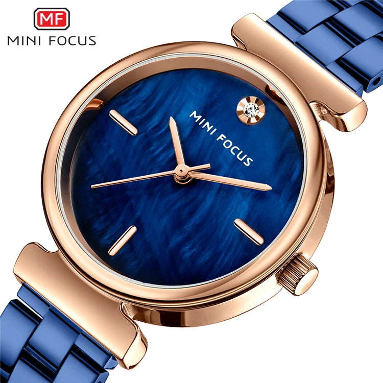 MINI FOCUS 0309 Elegant Blue Watch for Women Luxury Top Clock Pearl Marble Dial Simple Stainless Steel Strap Quartz Ladies Watch
