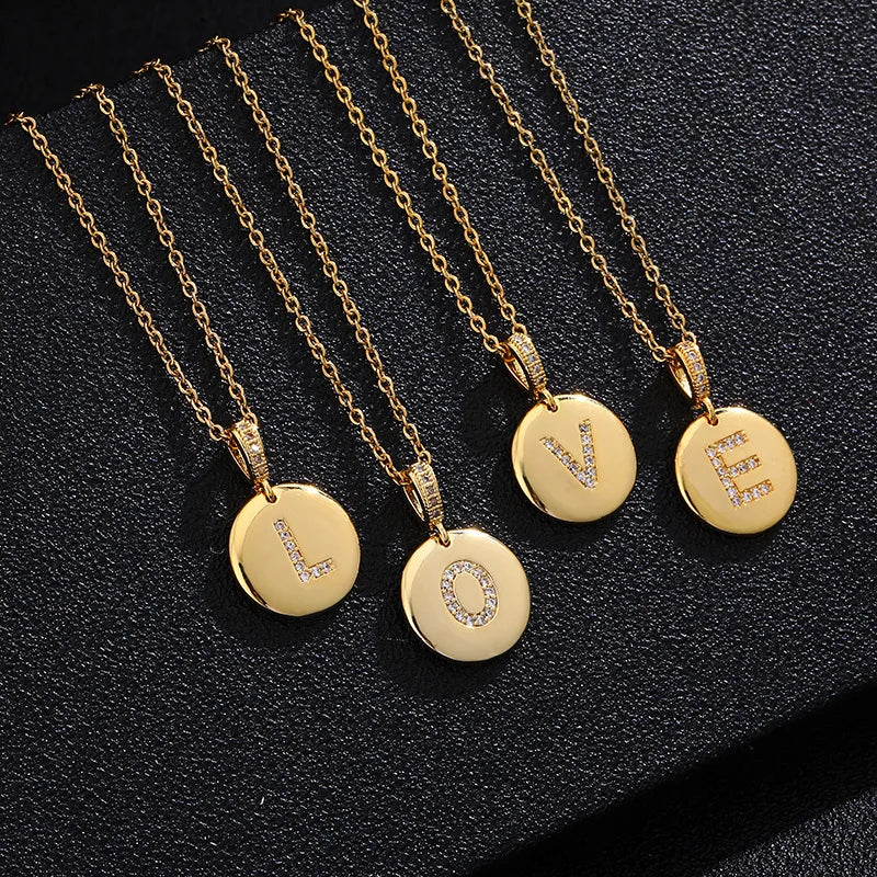 European American Classic Brass Gold Plated 26-Letter CZ Initial Pendant Stainless Steel Necklace for Engagement Gift