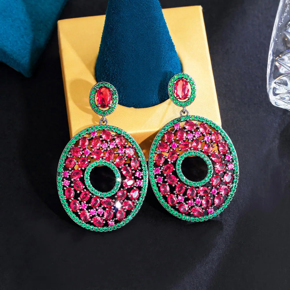Genuine Hot Pink Red Green Cubic Zirconia CZ Stone Fancy Chic Big Oval Round Drop Dangling Women Wedding Banquet Earrings Gift