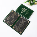 Dark Green Velvet Hardcover Wedding Invitations With Menu Cards Black Paper Cards Inside Hot Stamping Text