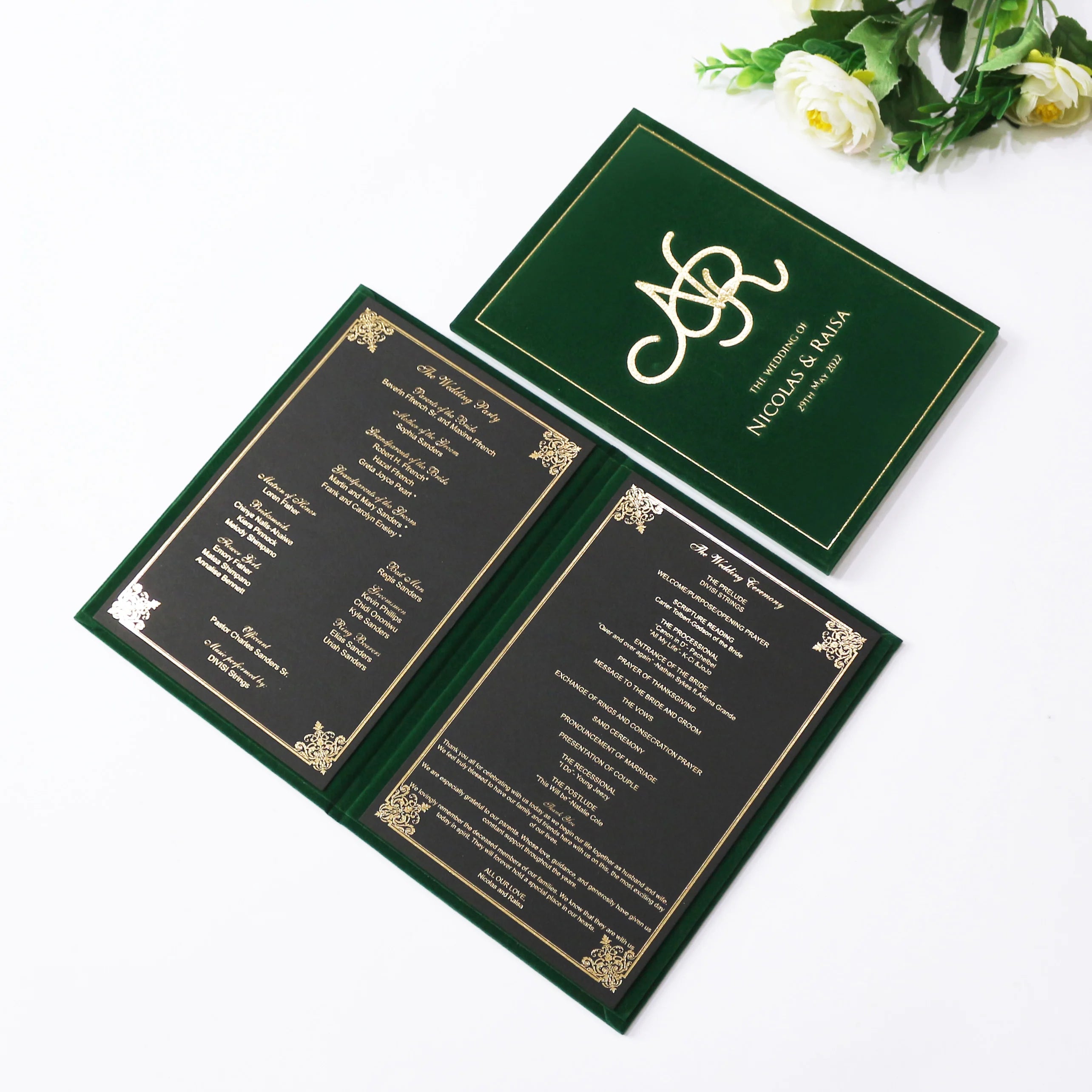 Dark Green Velvet Hardcover Wedding Invitations With Menu Cards Black Paper Cards Inside Hot Stamping Text