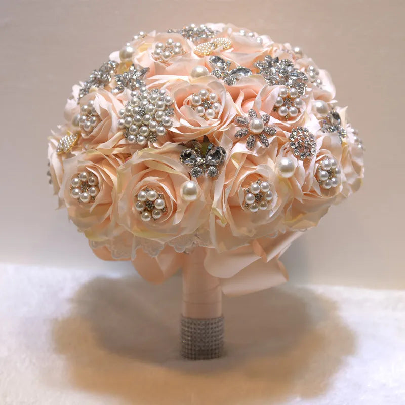 Ychon Artificial Rose Posy with Satin Jeweled Throw Bouquet Bridesmaid Holding Flowers Wedding Bouquets Silk Flower