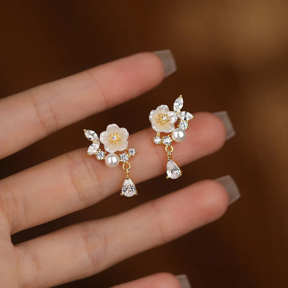 S925 Sterling Silver Zirconia Camellia Flower Stud Earrings for Women Jewelry Accessories YB-XY-412
