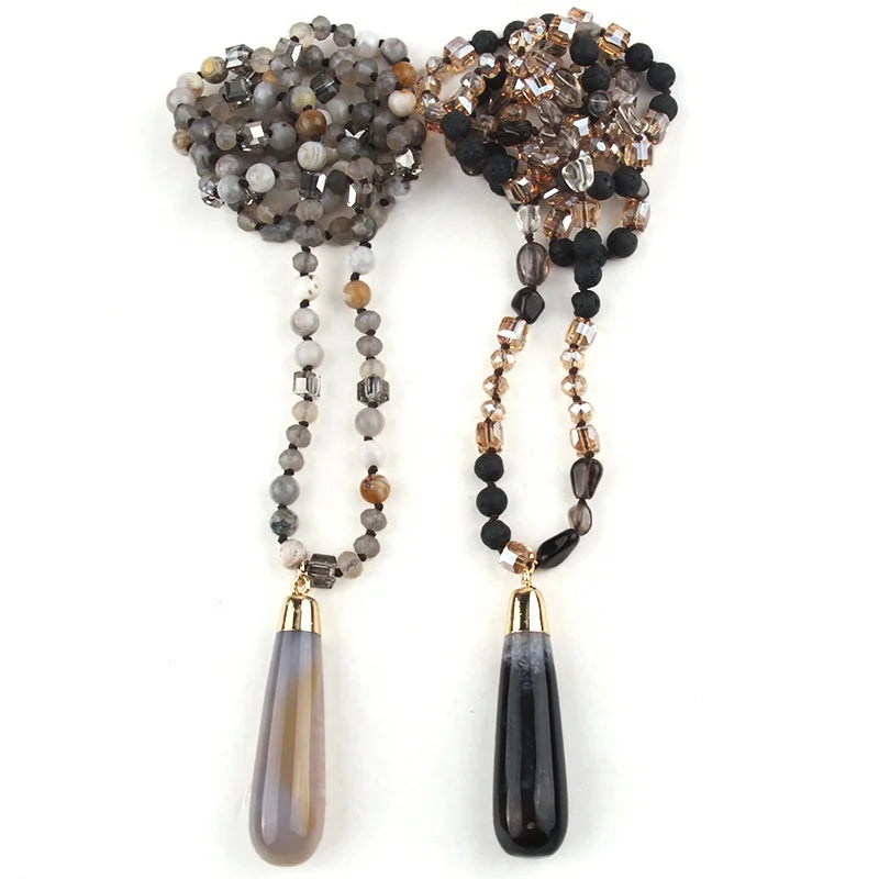 Fashion Bohemian Jewelry Gravel 6mm Natural Stone Glass Crystal Bamboo Agate Hammer Pendant Necklace