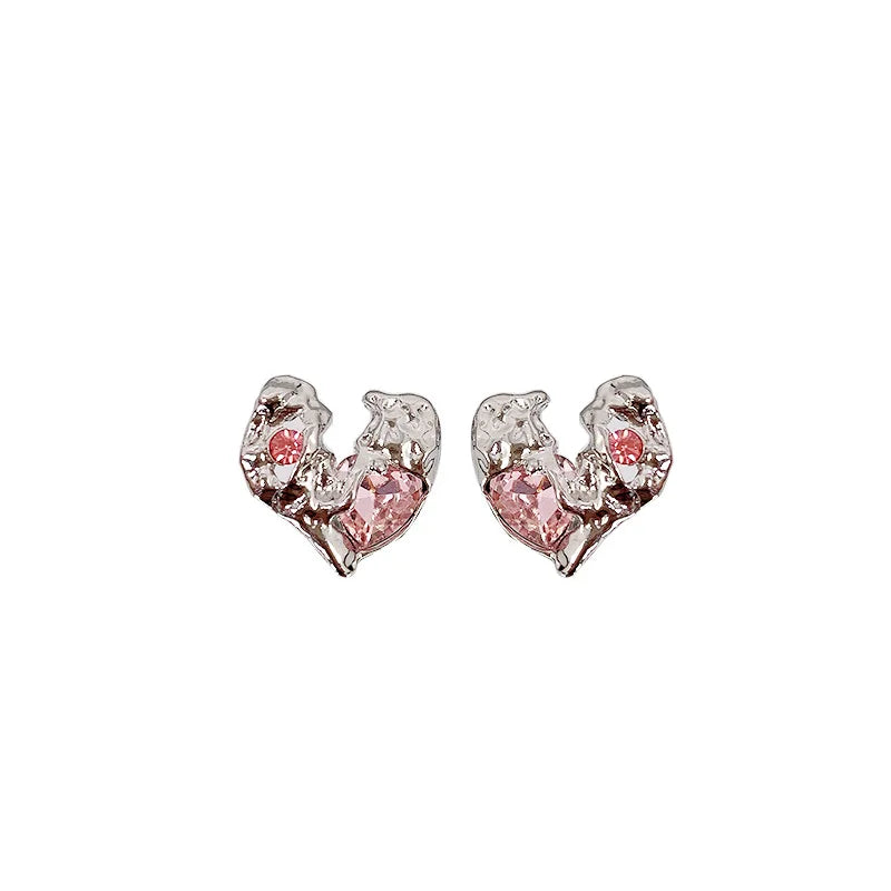 Women Minimalist Ear Ring Jewelry Alloy Pink Crystal Small Mini Cute Heart Shape Stud Earrings for Women Ladies