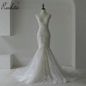 Ruolai QW01910 Sleeveless Lace Fitted Bridal Gown Cathedral Train Latest Mermaid Wedding Gowns