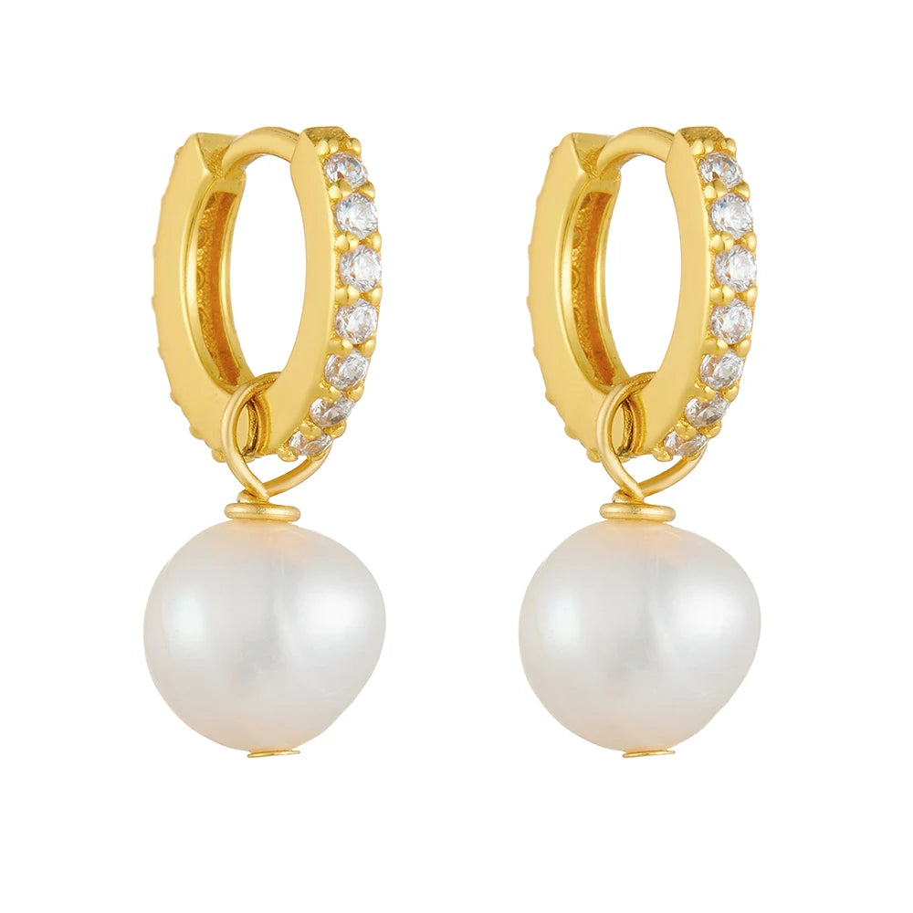 Wholesale Fine Jewelry Elegant White Cubic Zirconia and Freshwater Pearl Drop Earrings Gold-Plated Charm for Parties