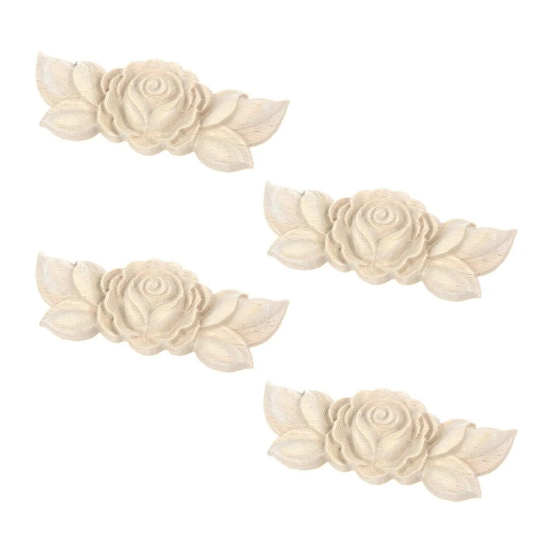 Wood Carved Appliques Furniture Onlay Unpainted Corner Applique 3.54"x1.38" Decorative Flower Decal for Cabinet Window Door