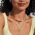 Fashion Summer Bohemian Style Chakra Rainbow Gem Stone Round Flat Spacer Beads Gold Initial Bubble Letter Necklace for Women
