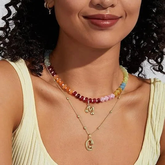 Fashion Summer Bohemian Style Chakra Rainbow Gem Stone Round Flat Spacer Beads Gold Initial Bubble Letter Necklace for Women