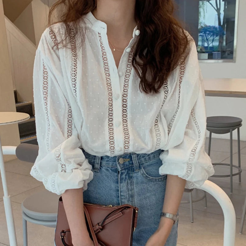Wholesale 2026 Summer French Style Standing Neck Hook Flower Hollow Lace Single Breasted Loose Long Sleeve Women's Shirts
