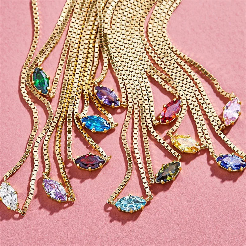 INS Minimalist Jewelry Birthstone CZ Zircon Geometric Eye Pendant Gold Plated Brass Box Chain Choker Necklaces for Women