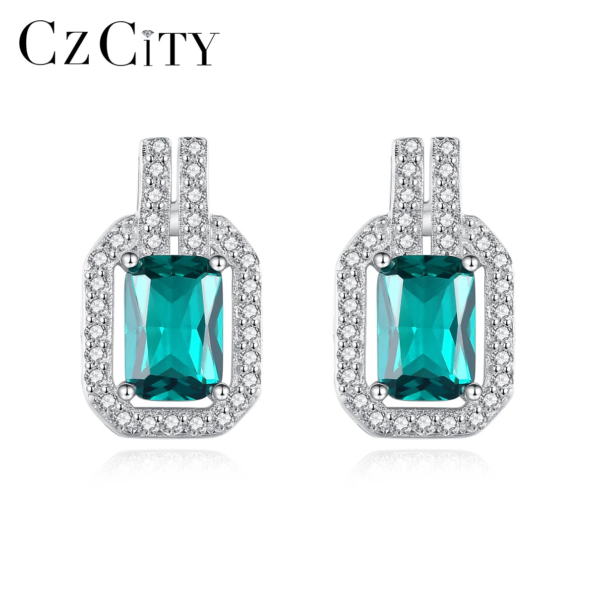 CZCITY Cubic Zircon Small CZ Green Synthetic Gem Women Earring Rectangle Shape Sterling Silver 925 Earrings MegaBDM