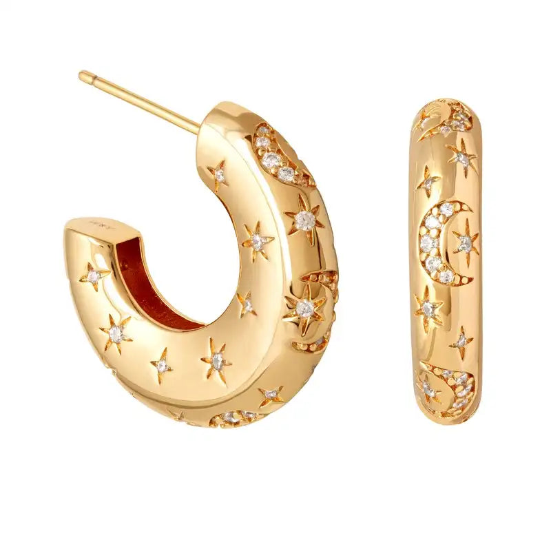 Laodun Trendy 18k Gold Vermeil Star Pattern C Earrings Exquisite Gold Earrings With Zircon Micro Inlays for Women Vermeil