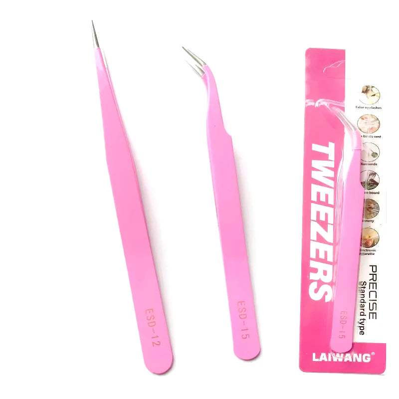 Hot Sell Nail Eyelash Extension Pink Metal Lash Straight and Curved Tweezers