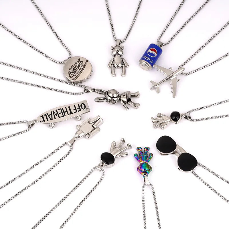 Wholesale Titanium Steel Silver Hip-Hop Punk Retro Retro Compass Animal Bunny Robot Smile Cross Stainless Steel Necklace for Men
