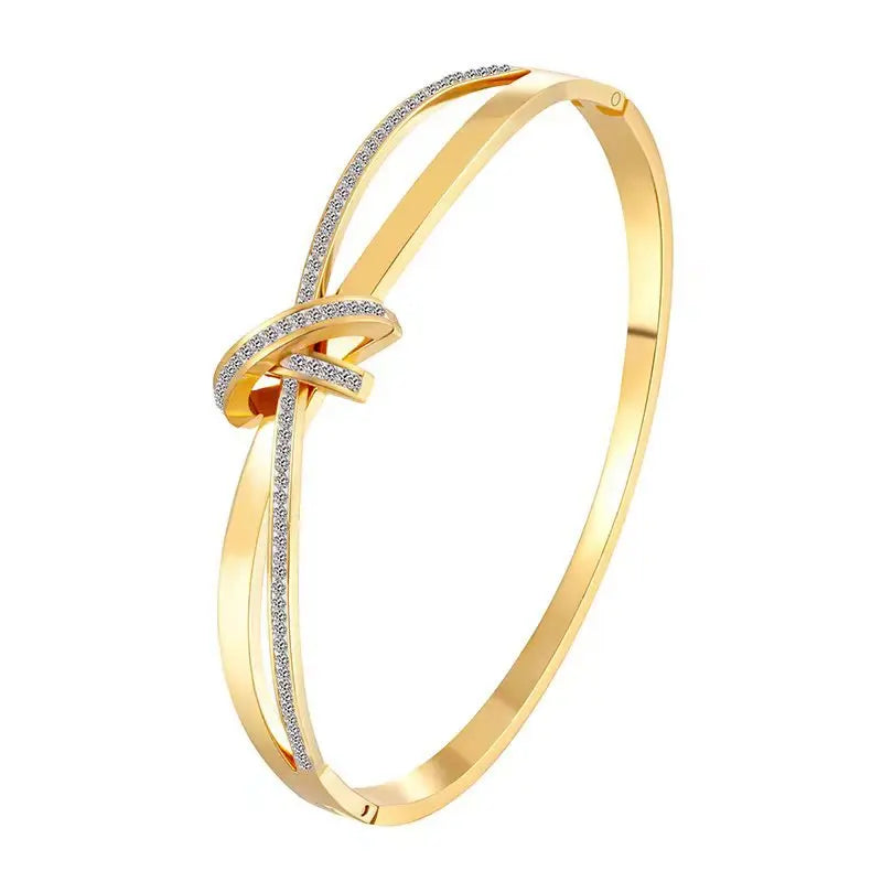 Custom Luxury 18K Gold Plated Diamond Bangle Fashion Stainless Steel Women's Bow Tie Bracelet