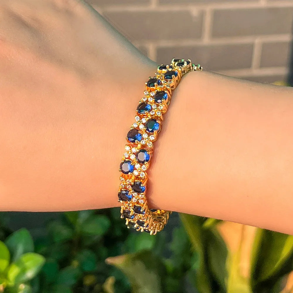 Dubai 18k Gold Filled Royal Blue Round Cubic Zirconia Crystal Women Luxury Bridal Big Bracelets for Brides Jewelry Accessories