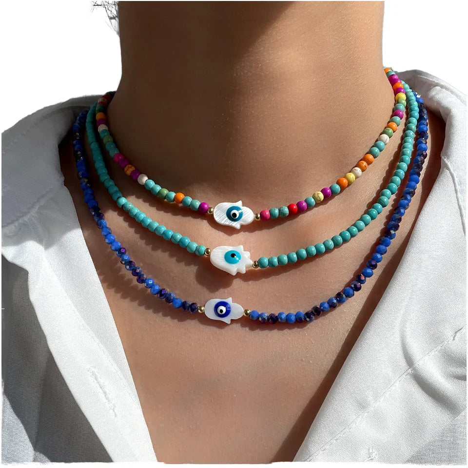 Factory Direct Fashion Evil Eye Minimalist Handmade Crystal Layered Beaded Choker Necklace for Wedding or Gift