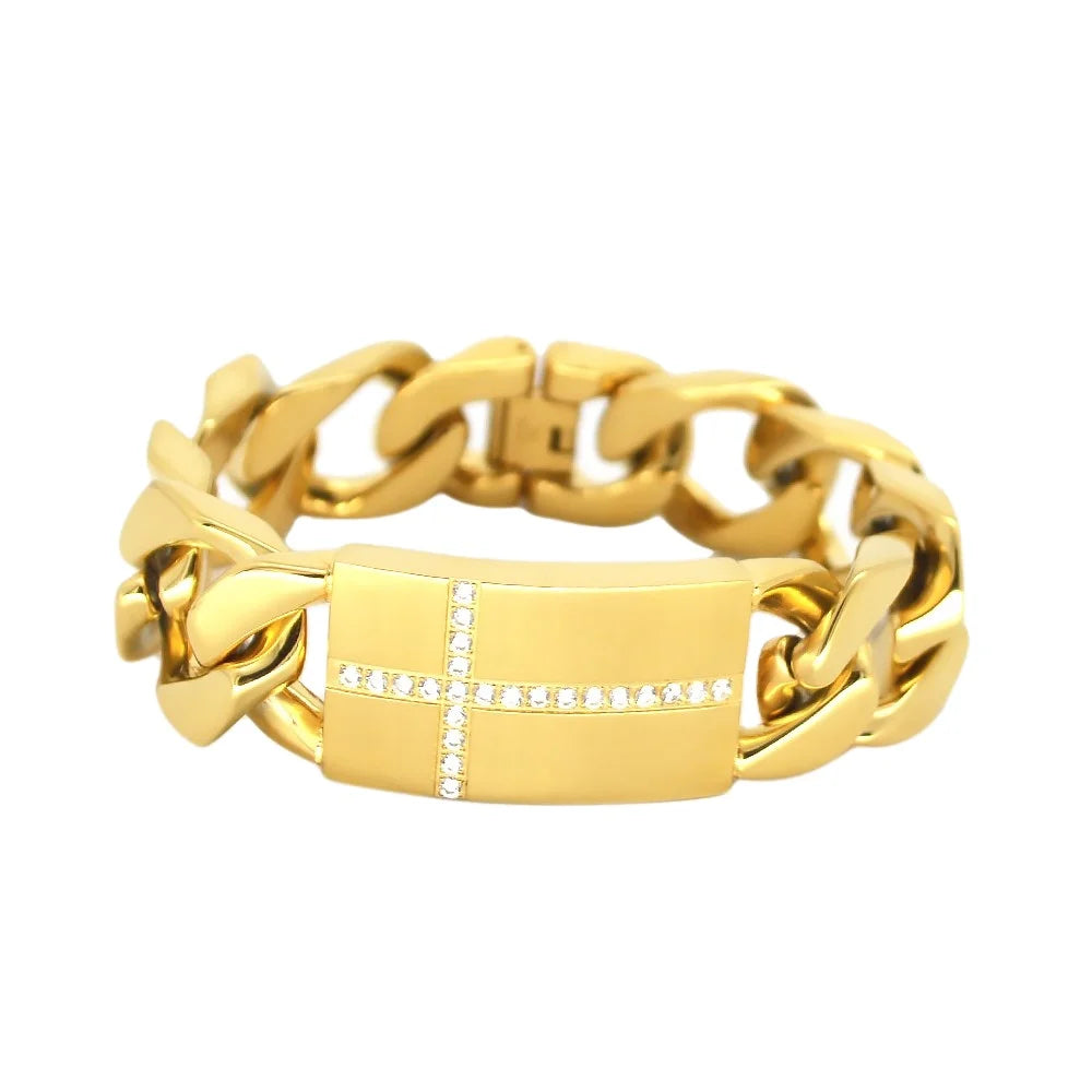 Iced Out Hand Bracelet for Men 14k Gold Plated Stainless Steel Men Bracelet Cross Diamond Hip Hop Heavy Jewelry
