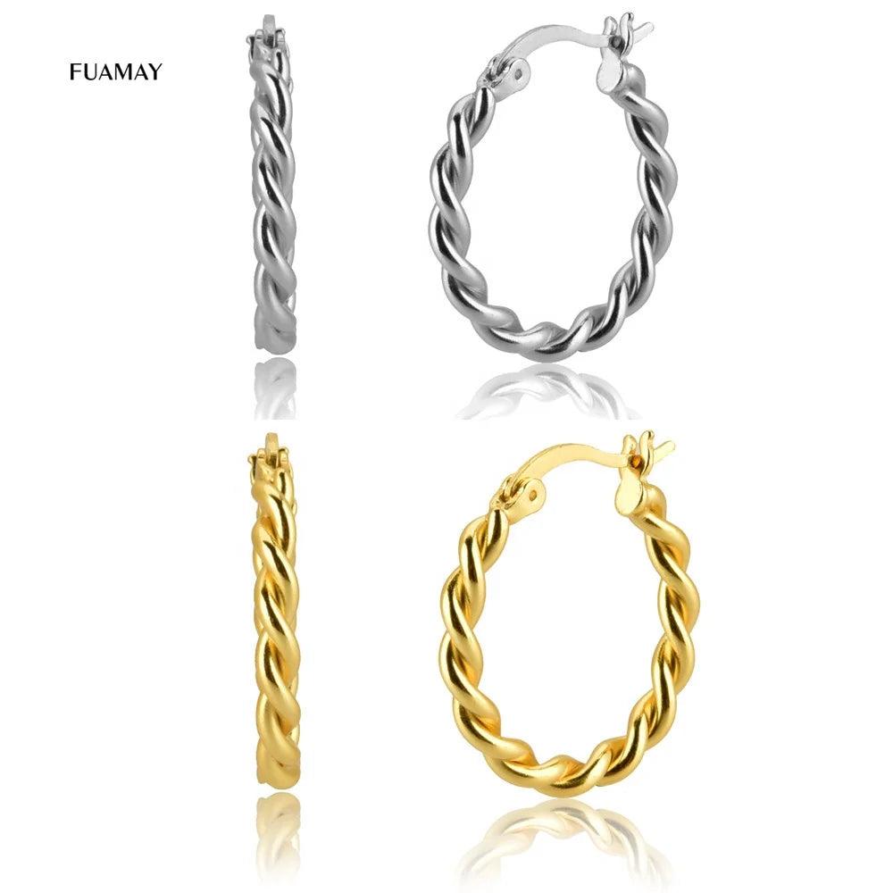 FUAMAY Boho Large Twist Earring 20MM Gold Plated Silver Hoop Ear Rings Wedding Jewelry Designs for Women