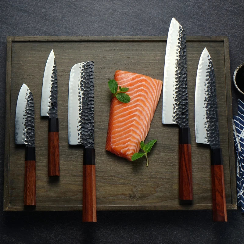Grandsharp 5 Pcs Handmade Kitchen Knives 3 Layers Japanese AUS-10 Steel Chef Santoku Nakiri Slicing ECO Friendly Cooking Tool
