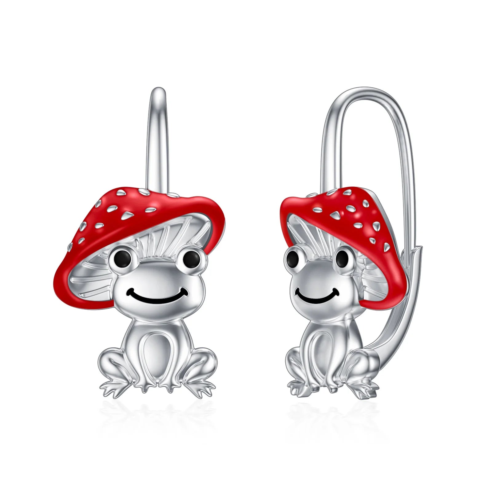 Fine Jewelry 925 Sterling Sliver Red Enamel Mushroom and Frog Hoop Earrings for Women