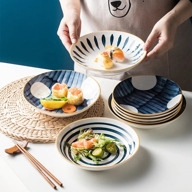 Japanese Tableware Machine Printing Glaze Color Household Ceramic Plate 8 Inch Disk Dish Deep Plate MegaBDM