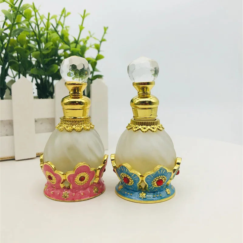 Middle East Style Arabic Oil Perfume Bottle Alloy Decorate Enamel Glass Bottle 15ml Stick Perfume Essential Oil Empty Bottle