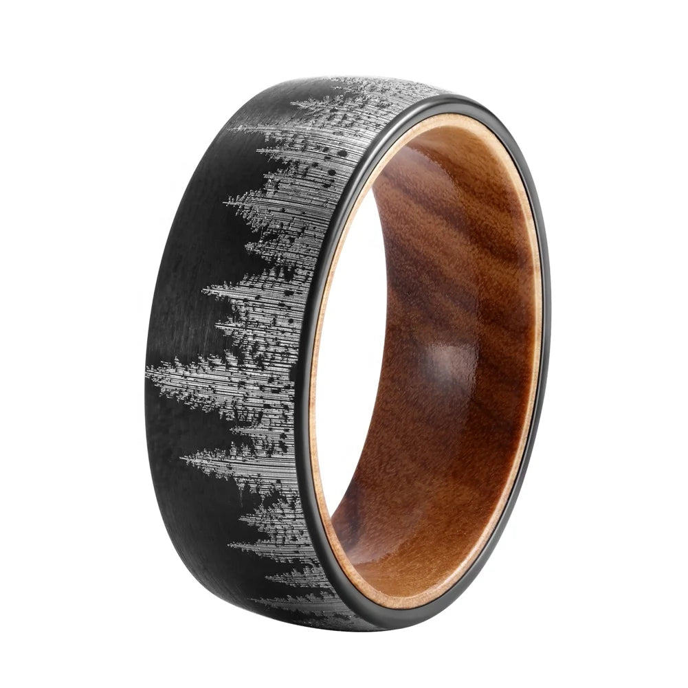 POYA Black Tungsten Ring Matt Finished Oliver Wood Inlay Forest Pattern Vintage Mens Wedding Band