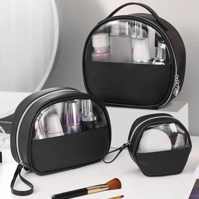 Custom Logo 3pcs Clear Small Makeup Bag Pu Transparent Black Cosmetic Bag With Zipper Pvc