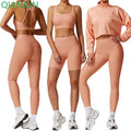 Custom Logo Women's Gym Fitness Sets 4-Piece Active Wear Yoga Long Sleeve Sports Suit High Waist Gym Legging Workout Outfit Set