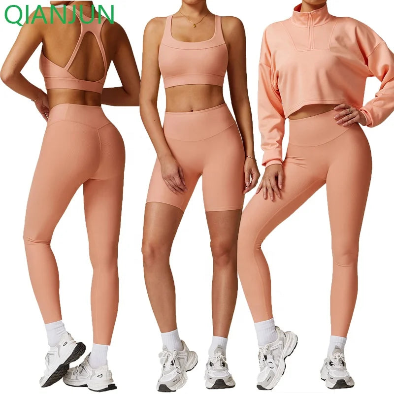 Custom Logo Women's Gym Fitness Sets 4-Piece Active Wear Yoga Long Sleeve Sports Suit High Waist Gym Legging Workout Outfit Set
