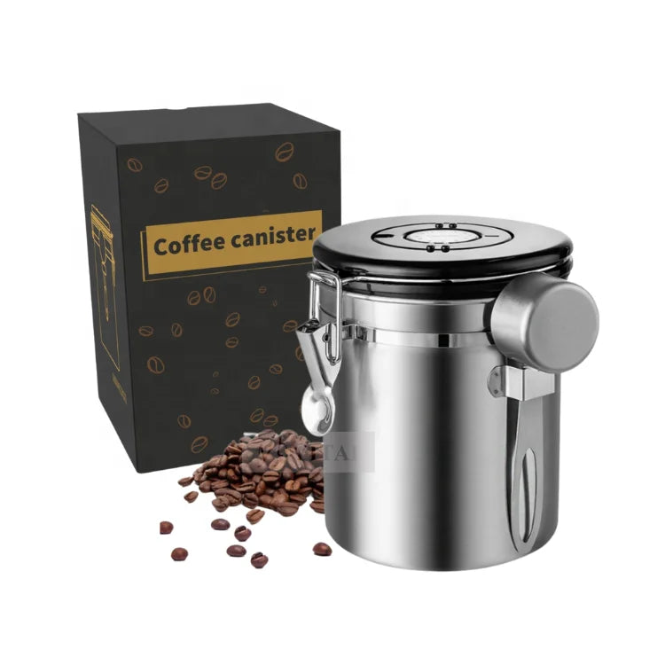 Coffee Bean Sealed Tank 304 Stainless Steel Exhaust Valve Breathable Airtight Fresh-keeping Coffee Canister With Spoon