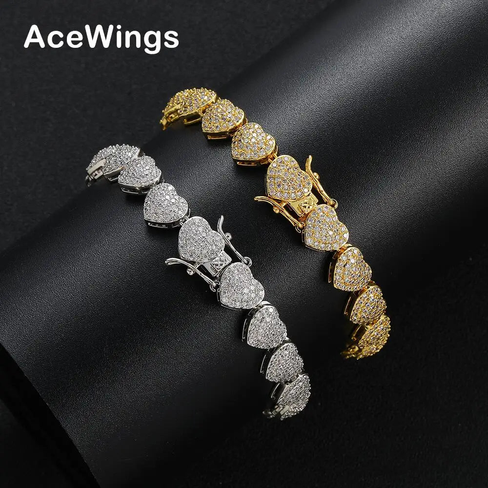 BB234 9mm Women Bling Bling Heart Shape Bracelet Brass CZ Tennis Chain Bracelets