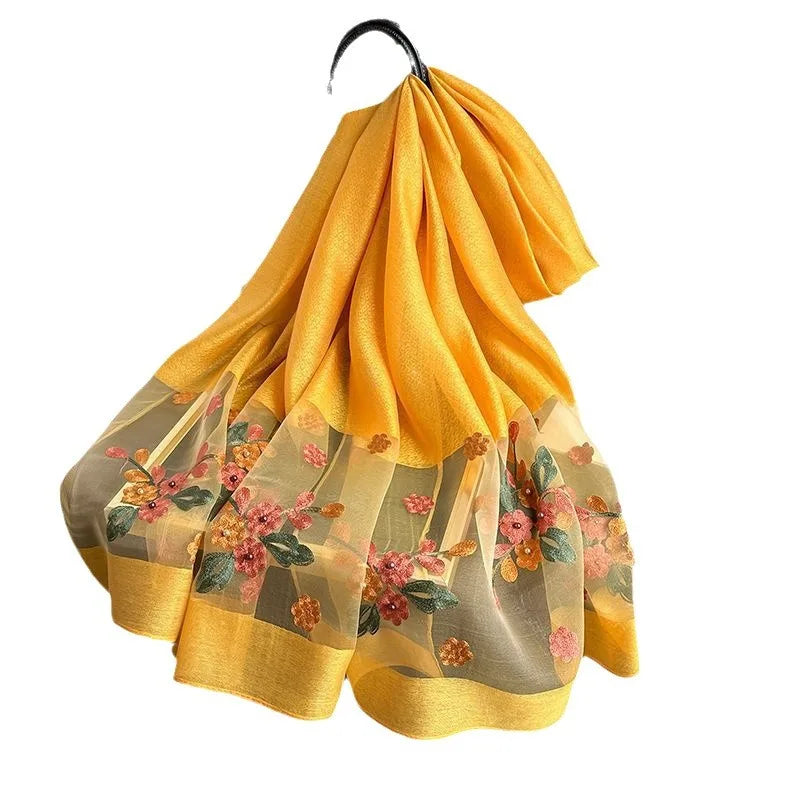 Women's All-Season Elegant Long Silk Polyester Scarf Spring Autumn Nail Bead Embroidered Begonia Flower Vintage Summer Sunscreen