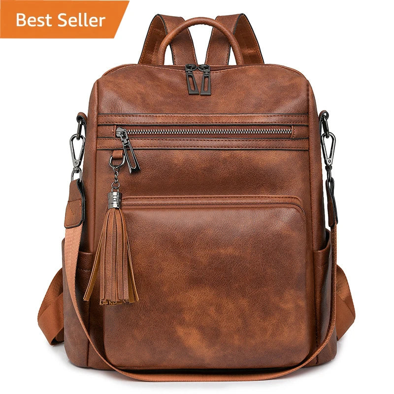 Vintage Casual Anti Water Women's Crossbody Bag Ladies Backpack Lightweight Senior PU Leather Dual-purpose Shoulder Bag