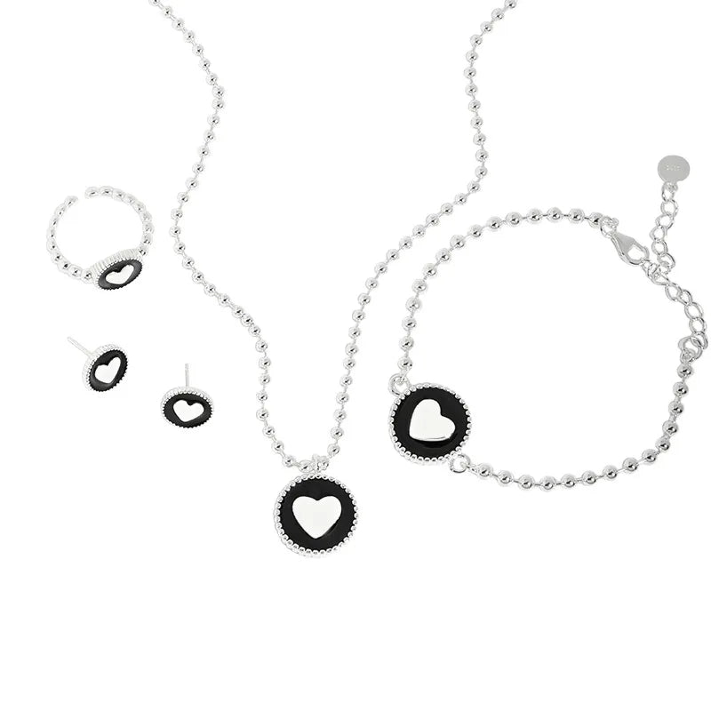WuQie Black Epoxy Women Jewelry Sets 925 Silver Enamel Heart Ring Bracelet Earrings Necklace Jewelry  Set