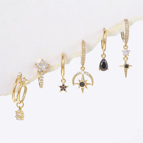 New Fashion Jewelry Black Zircon Earring Simple Geometric Shape Stars Six-pcs Earrings 18k Gold Plated Brass Earrings for Women
