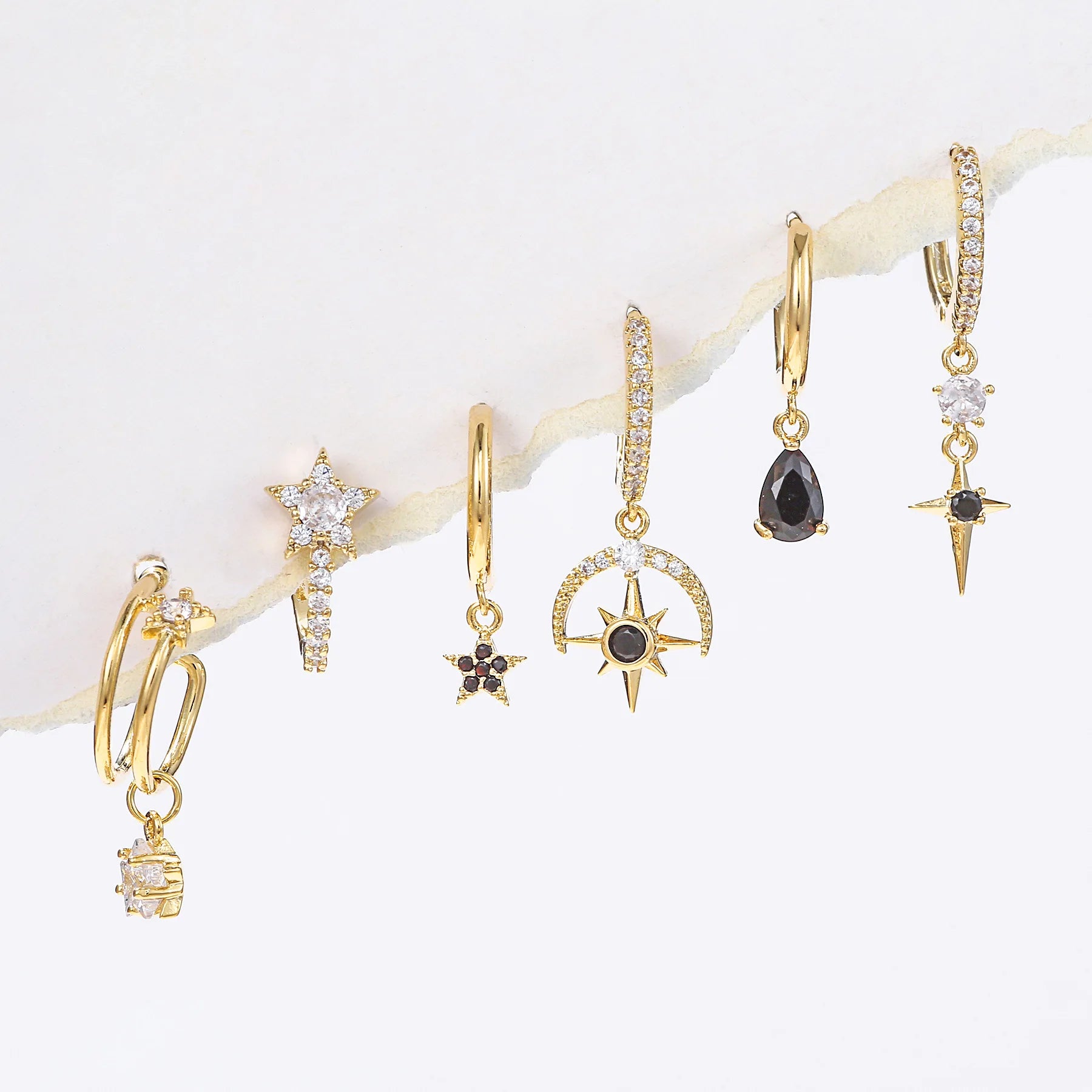 New Fashion Jewelry Black Zircon Earring Simple Geometric Shape Stars Six-pcs Earrings 18k Gold Plated Brass Earrings for Women