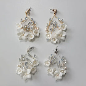 SLBRIDAL Handmade Rhinestones Crystals Freshwater Pearls Porcelain Flower Bridal Dangle Earring Wedding Earring Women Jewelry