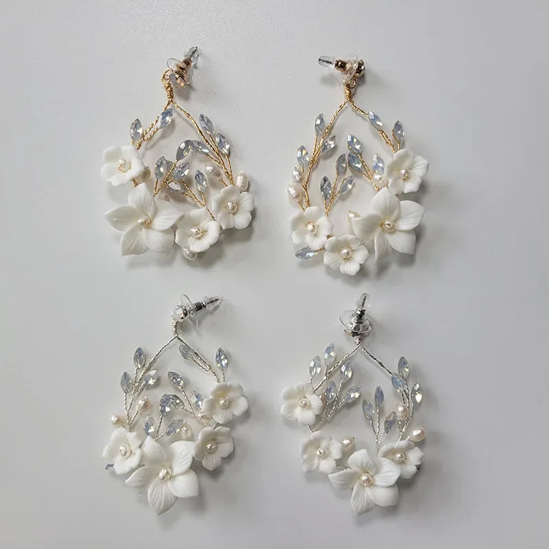 SLBRIDAL Handmade Rhinestones Crystals Freshwater Pearls Porcelain Flower Bridal Dangle Earring Wedding Earring Women Jewelry