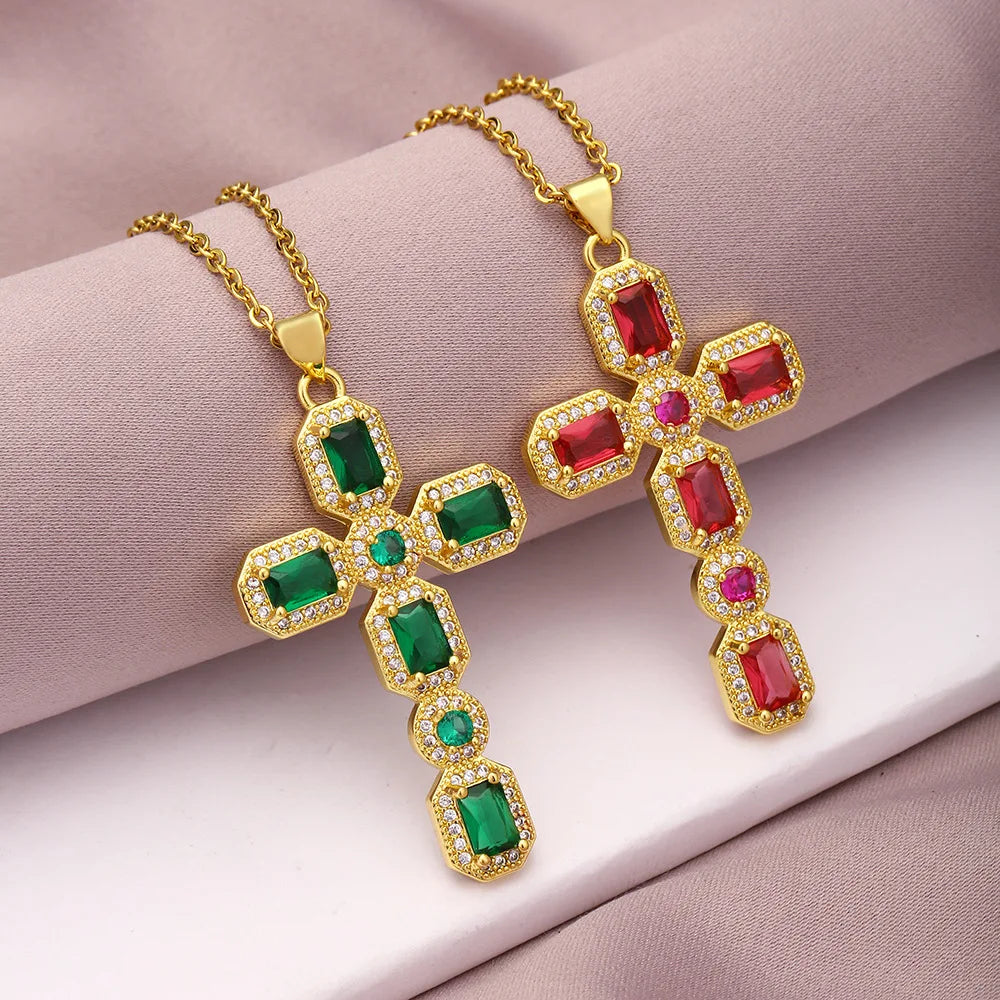 Religion Gold Plated Cross Pendant Necklace Creative Pave Colorful Zircon Cross Necklace for Women Girls Jewelry Gifts