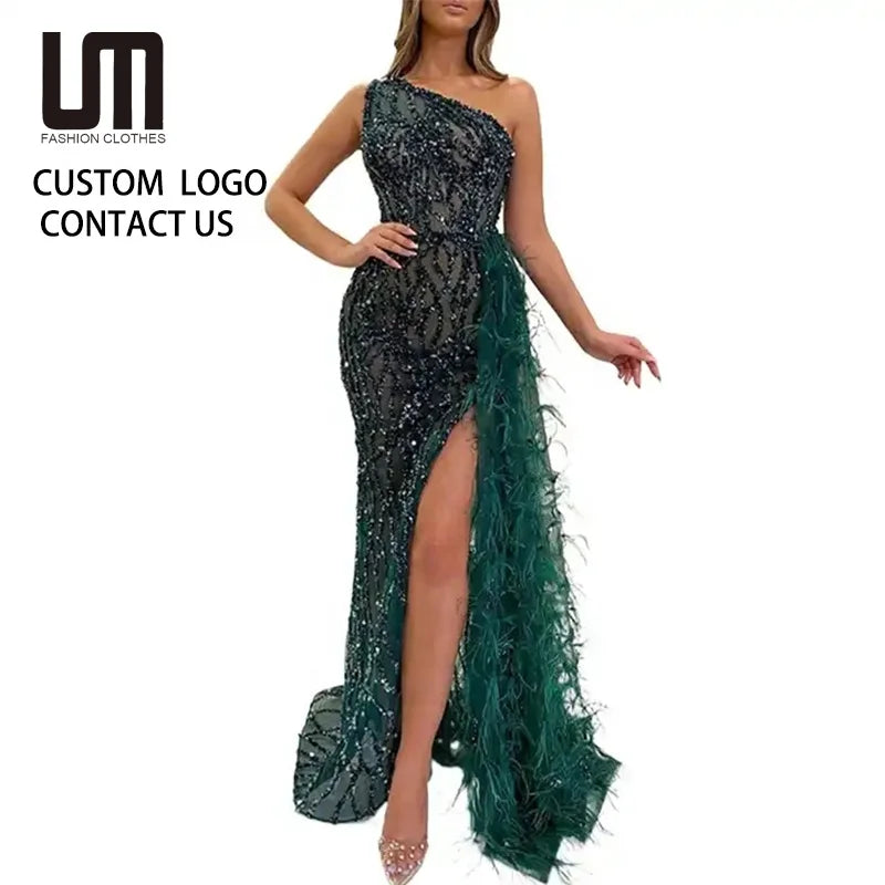 OEM Wholesale Elegant Women Sexy One Shoulder Sleeveless Shiny Sequined Feather High Split Gown Evening Maxi Dress