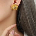 Unique Temperament Sunflower Modelling Earrings Leaves Texture Design Inlaid Zircon Titanium Steel 18K Gold Plated Stud