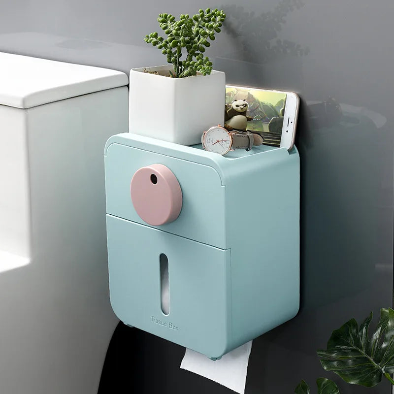 HelloWorld 2021 New Fashion Creative Simple Bathroom Wallpaper Towel Box Shelves Pumping Box Free Punch Paste Waterproof Rack
