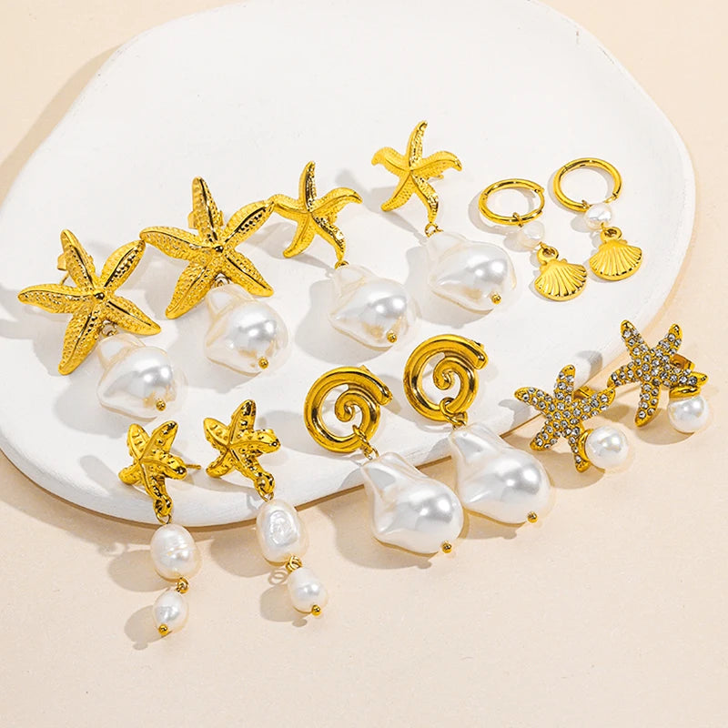 Jusnova Pearl Jewelry Tassel Earrings Summer Fashion Gold Plated Jewelry Stainless Steel Earrings