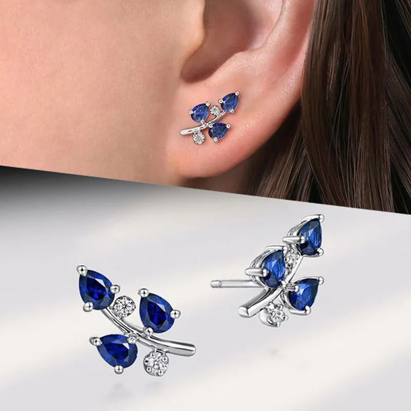 CAOSHI OEM Simple Leaf Shaped Waterdrop Blue Crystal Round Zircon Design Silver Plated Earrings for Women Jewelry Stud Earrings